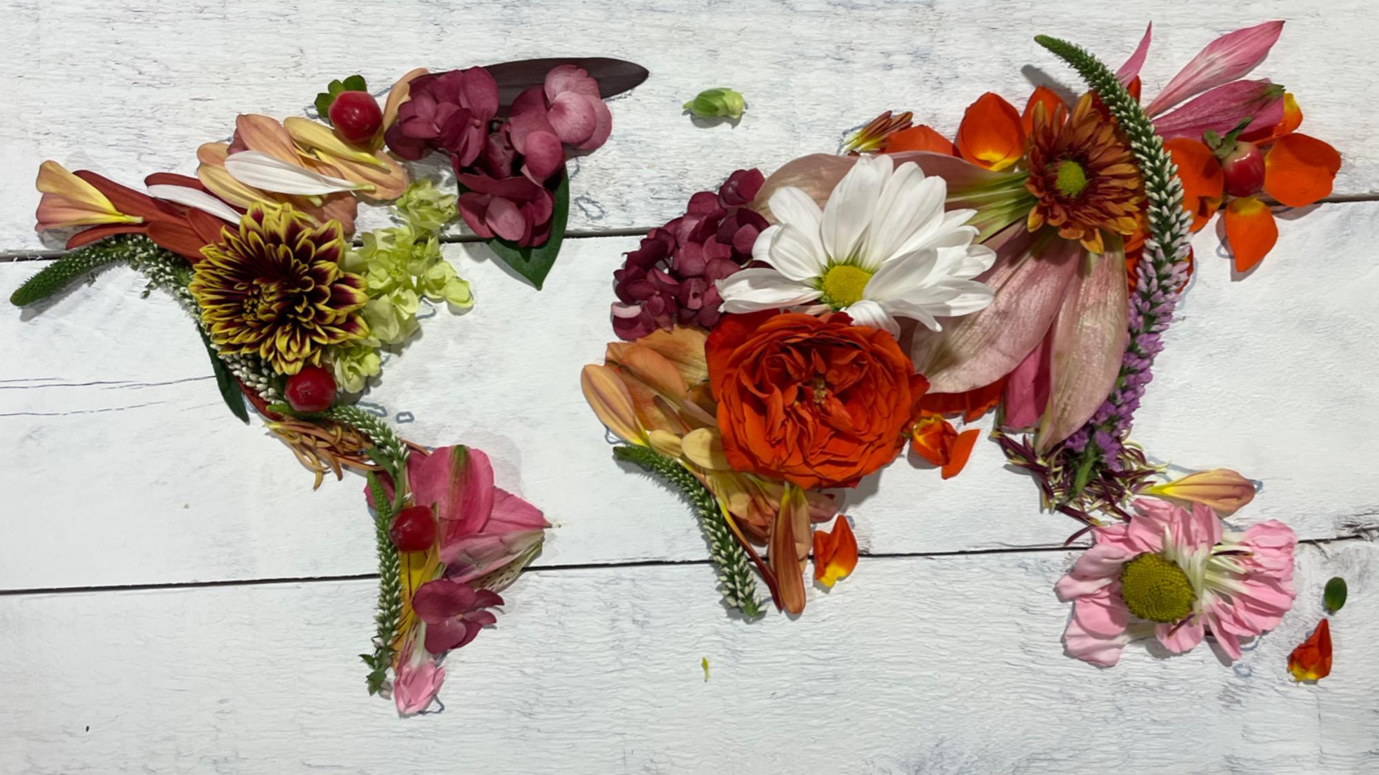 world map made out of flowers