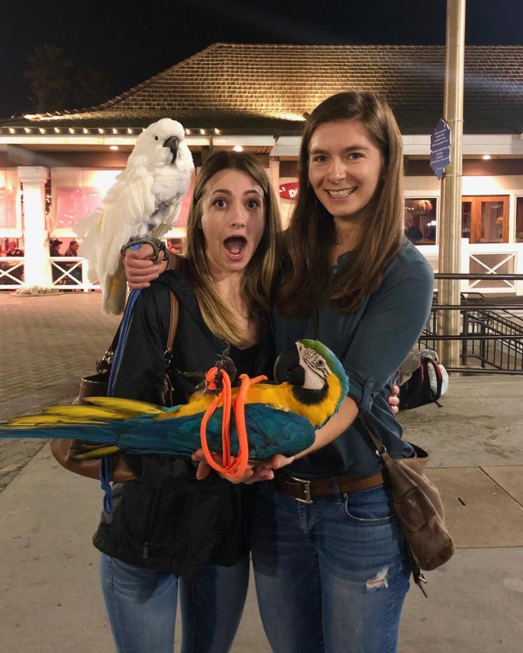 Alissa and Mikayla holding birds on the pier