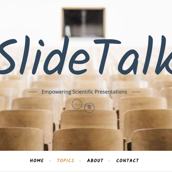 Image from the back of an empty lecture hall. Text reading "Slide Talk" is overlaid on the image.
