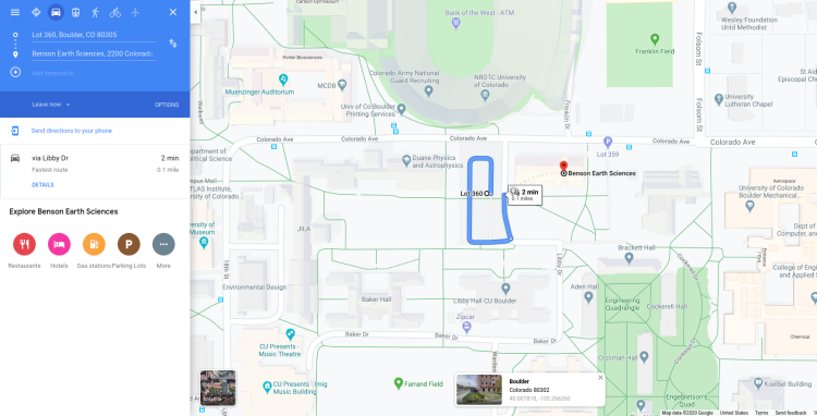 Google map from lot 360 to Benson Building
