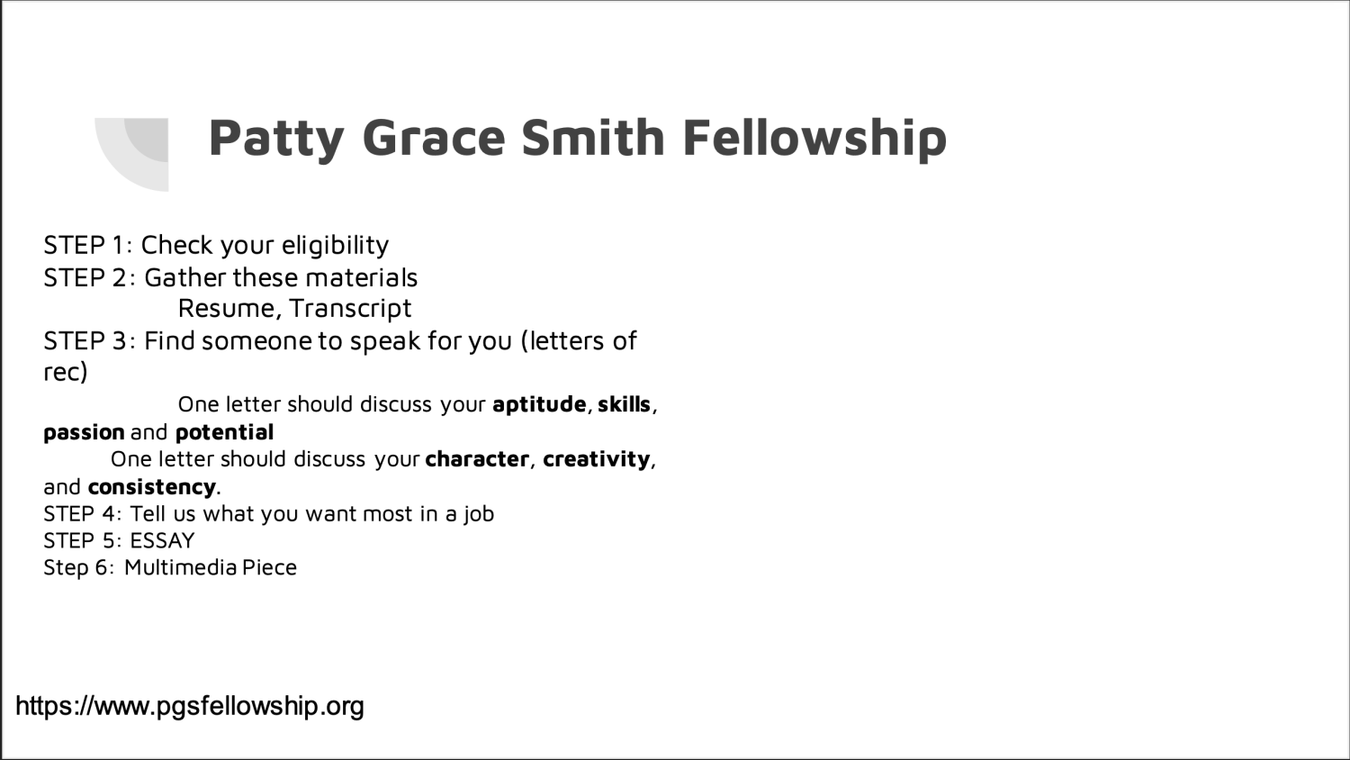 Patty Grace Smith fellowship