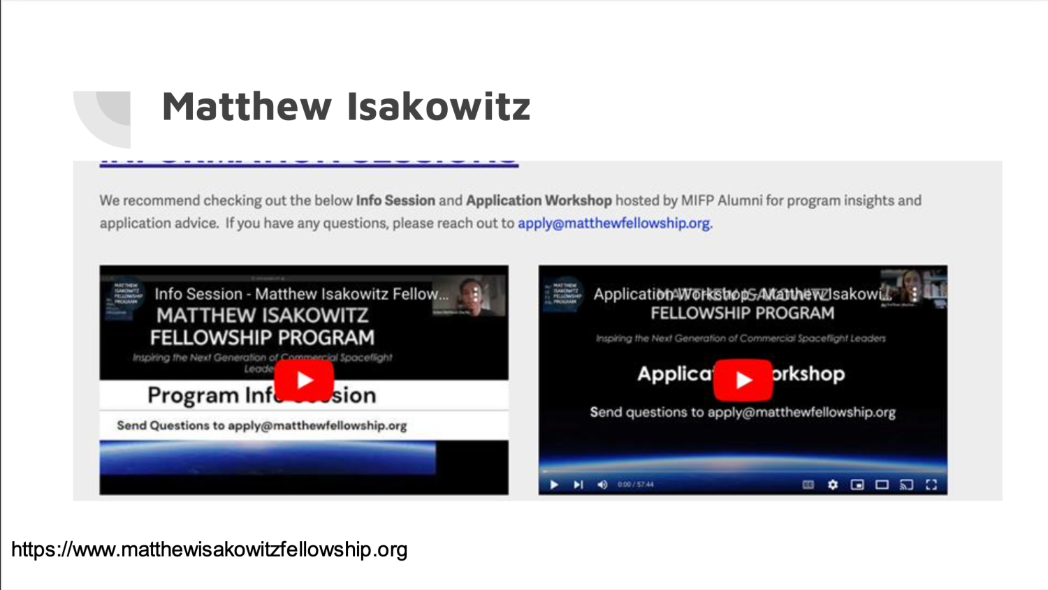 matthew isakowitz fellowship application videos