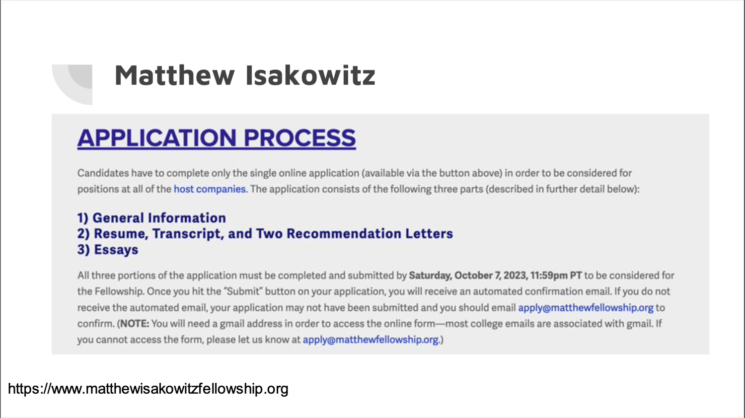 matthew isakowitz fellowship application process