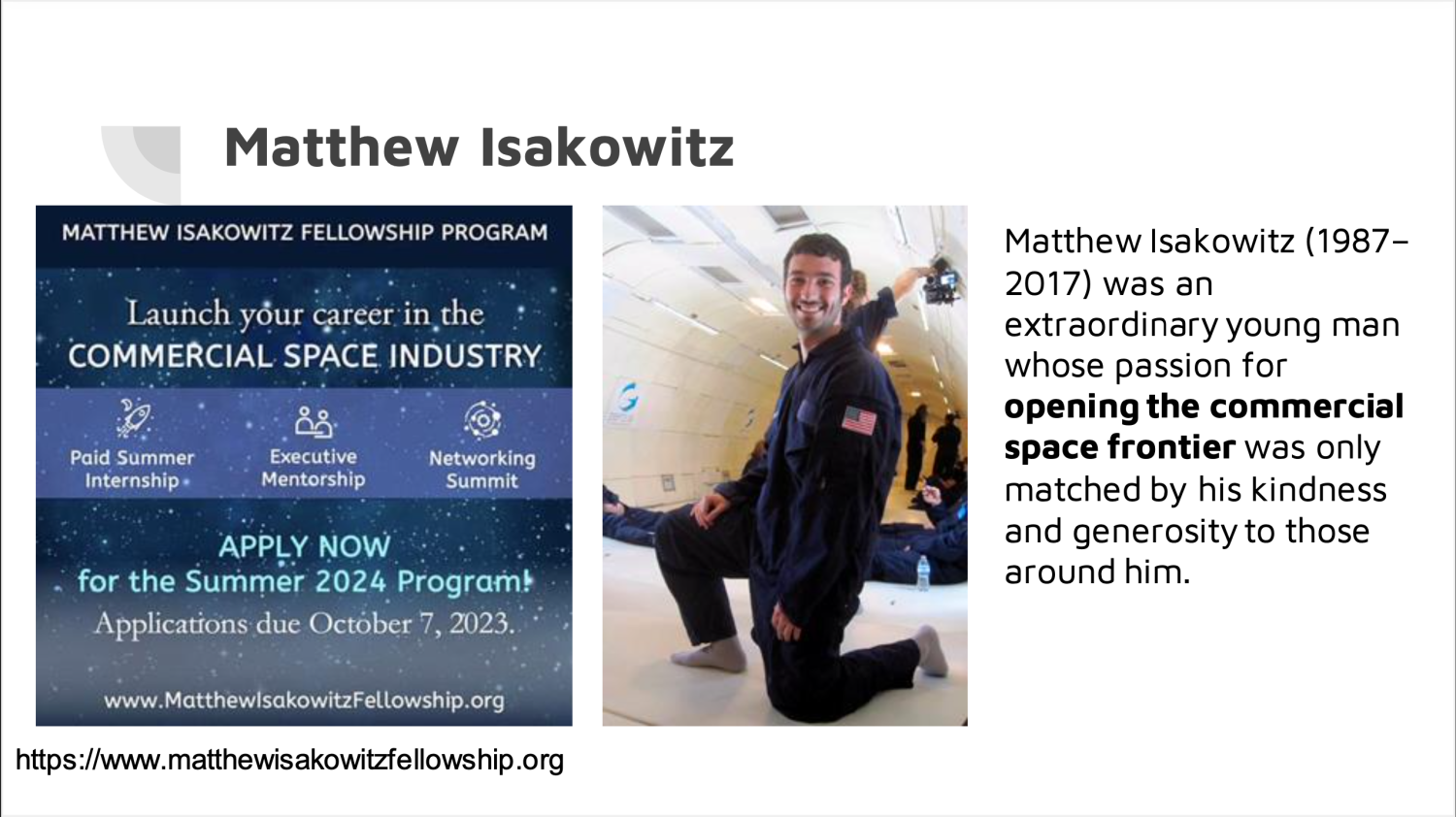 matthew isakowitz fellowship information