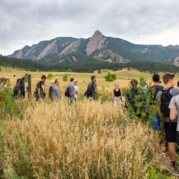 Students hiking the Flatirons at Chautauqua 