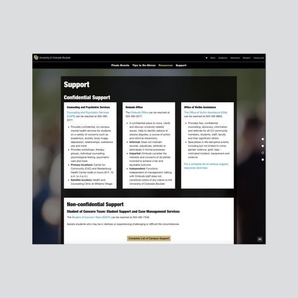 The website included support resources for students.