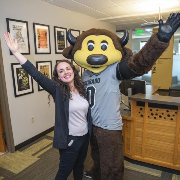 Chip visits Student Affairs staff to hand out gift bags and pose for pictures during Random Acts of Kindness Week