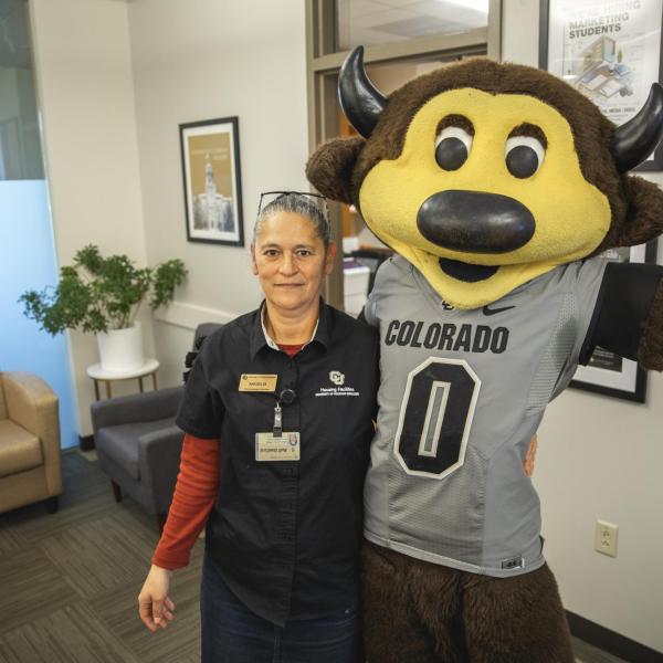 Chip visits Student Affairs staff to hand out gift bags and pose for pictures during Random Acts of Kindness Week