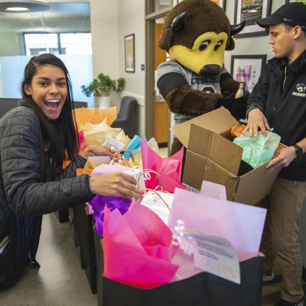 Chip gets ready to visit Student Affairs staff and hand out gift bags during Random Acts of Kindness Week