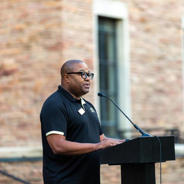Dean of Students, JB Banks, addressing new Buffs at Welcome to Our Herd