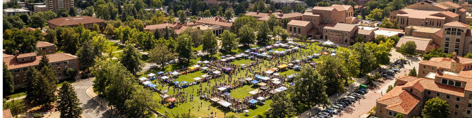 An aerial photo of the Be Involved Fair on campus