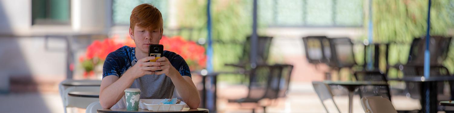 A student sitting on campus looking at a phone