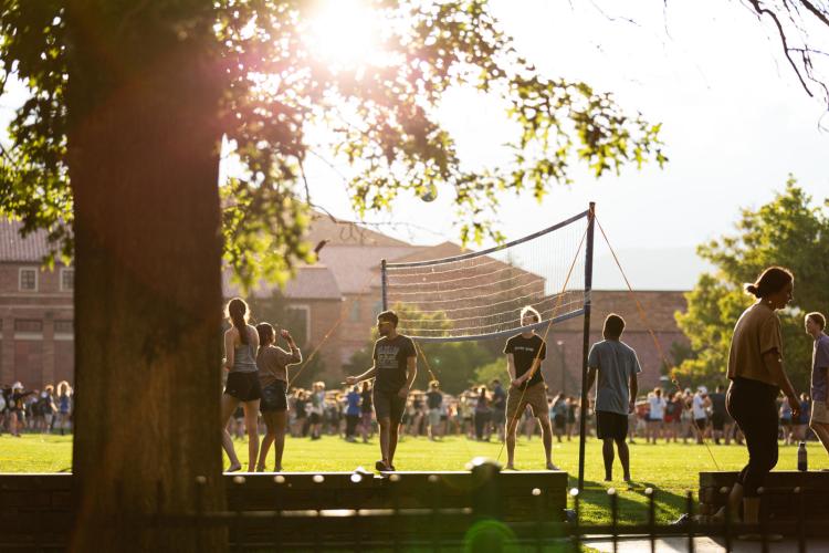 students playing volleyball on campus