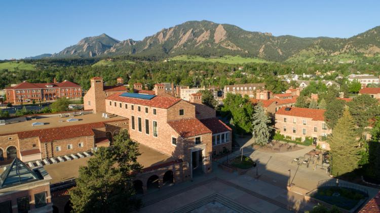 An aerial photo of the CU Boulder campus