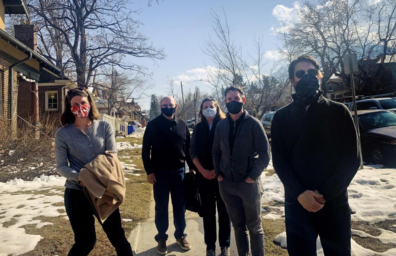 Callie Weiant, a Hill Revitalization Working Group member, Chancellor Philip DiStefano, Lisa Nelson, a leader of the working group, COO Pat O’Rourke, and Andrew Shoemaker, former Boulder City Council member and a member of the working group on a recent walk through the University Hill neighborhood to meet with neighbors and students.