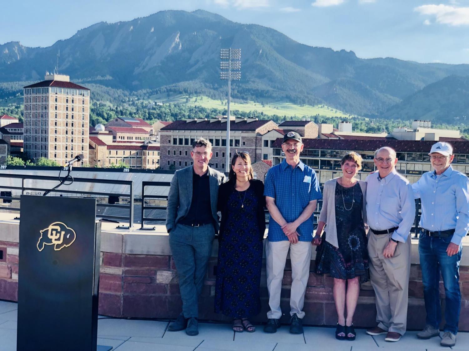 Pictured, left to right, are COO Patrick O’Rourke, Gwen Pomper, Larry Levine, Katherine Erwin, Chancellor Philip DiStefano and Provost Russell Moore.