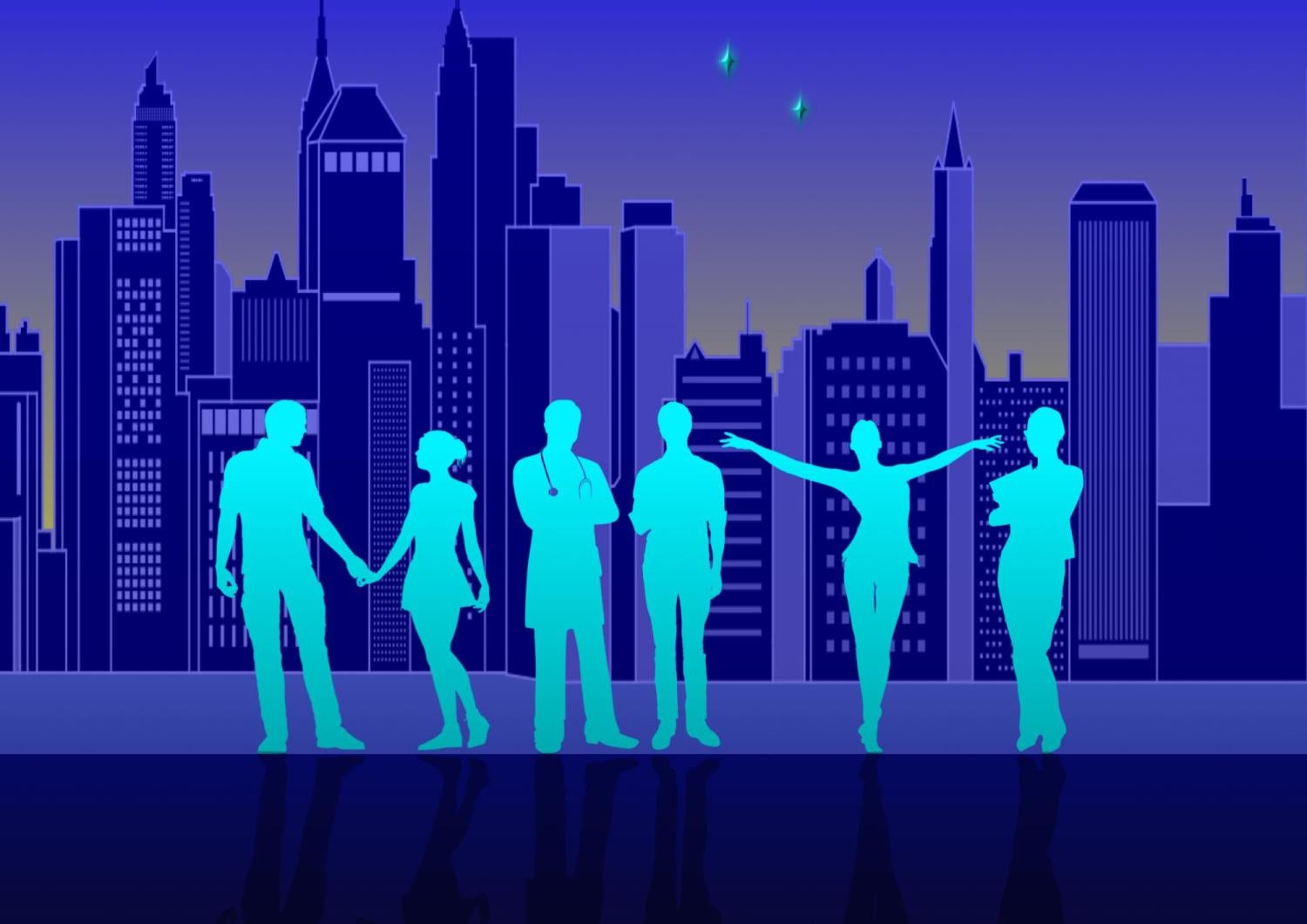 Graphic showing the outlines of six people in front of a city skyline