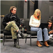 Beth Osnes (center) works with Lief Jordan (left), Jayden Simisky and Taylor Gutt as they prepare their stand-up comedy performances.