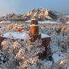 Old Main at sunrise during the winter.