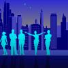 Graphic showing the outlines of six people in front of a city skyline