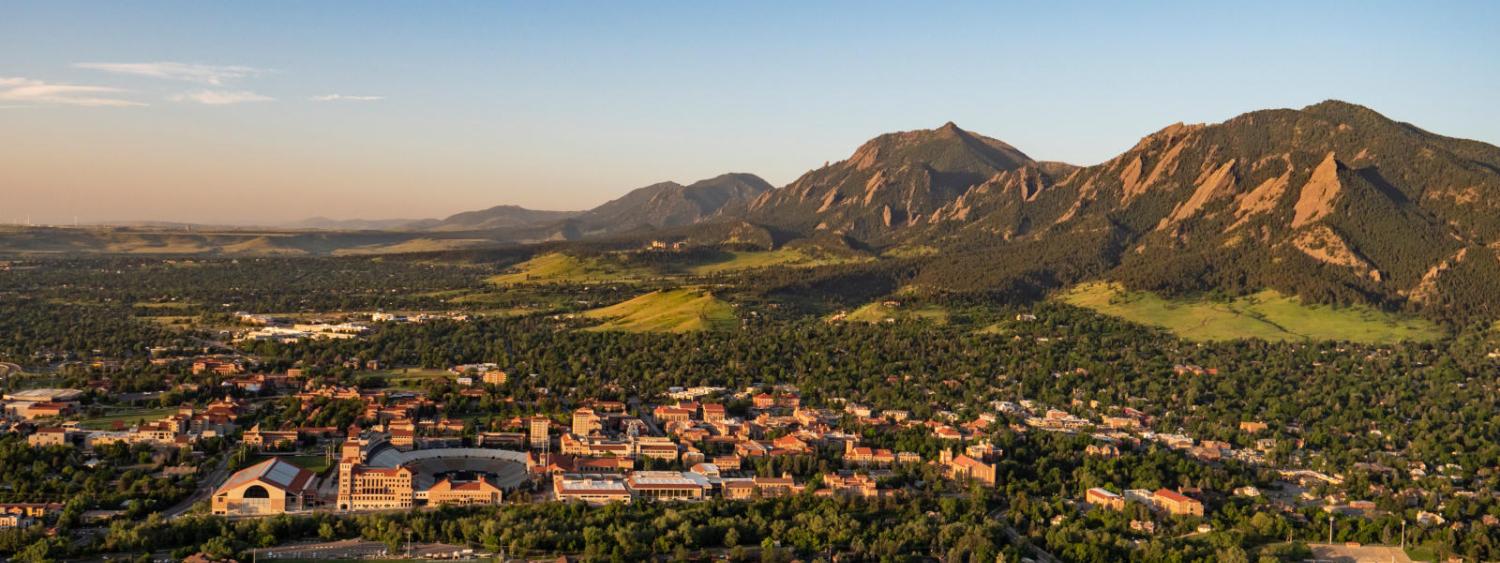 Aerial view of the CU Boulder campus and flatirons