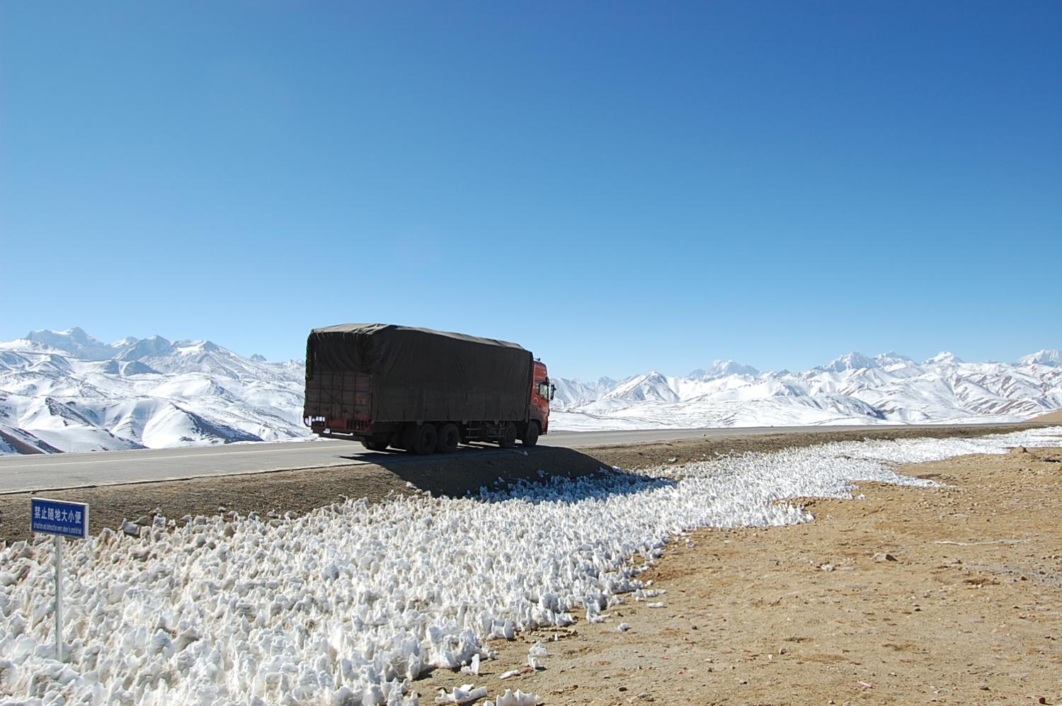 One of dozens of cargo trucks that daily descend from the Tibetan plateau to the China-Nepal border at Zhangmu-Kodari with a variety of Chinese exports