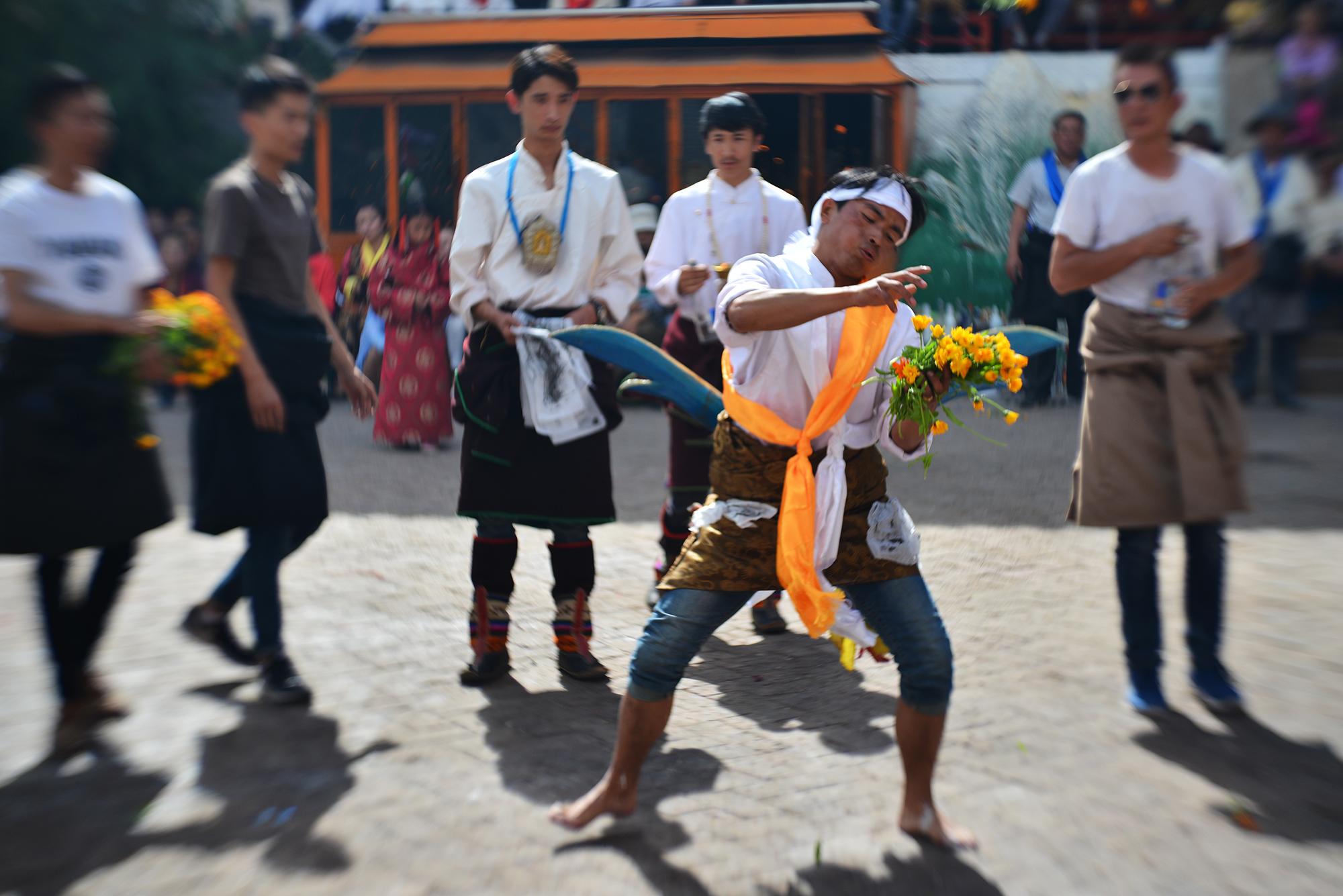 The Anye Makhon (A mye dmag dpon ཨ་མྱེ་དམག་དཔོན) dance returned to Sadjye in 2017 after a decade plus absence due to the passing of the former dancer. It includes sword play and the kinetic tossing of burning paper, grain, and alcohol.