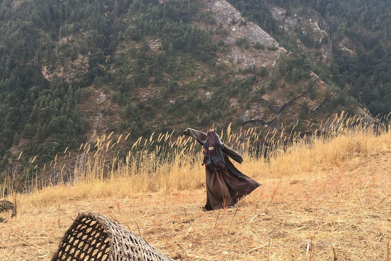 Discarded basket and scarecrow
