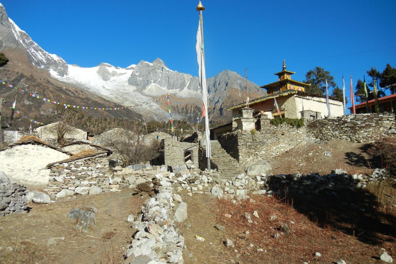 The Sama village gompa with Manaslu glacier in the background
