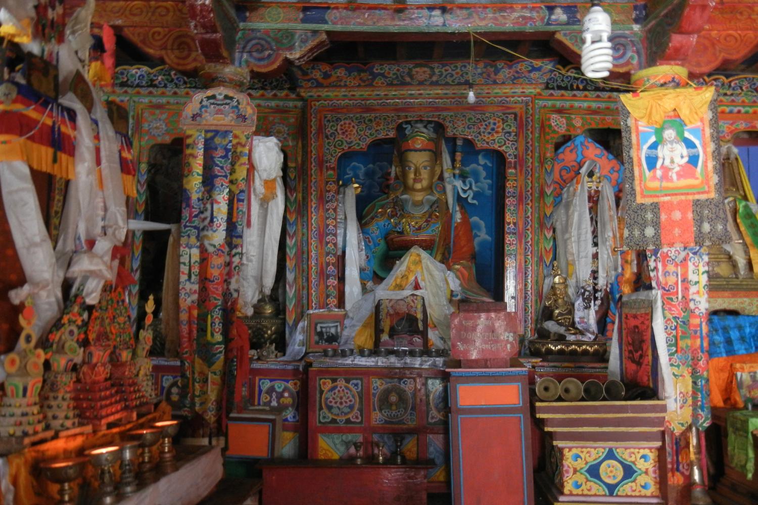 he interior of the Sama gompa. Note the image of Thangthong Gyalpo, the traditional founder of lhamo or Tibetan opera, in the upper right