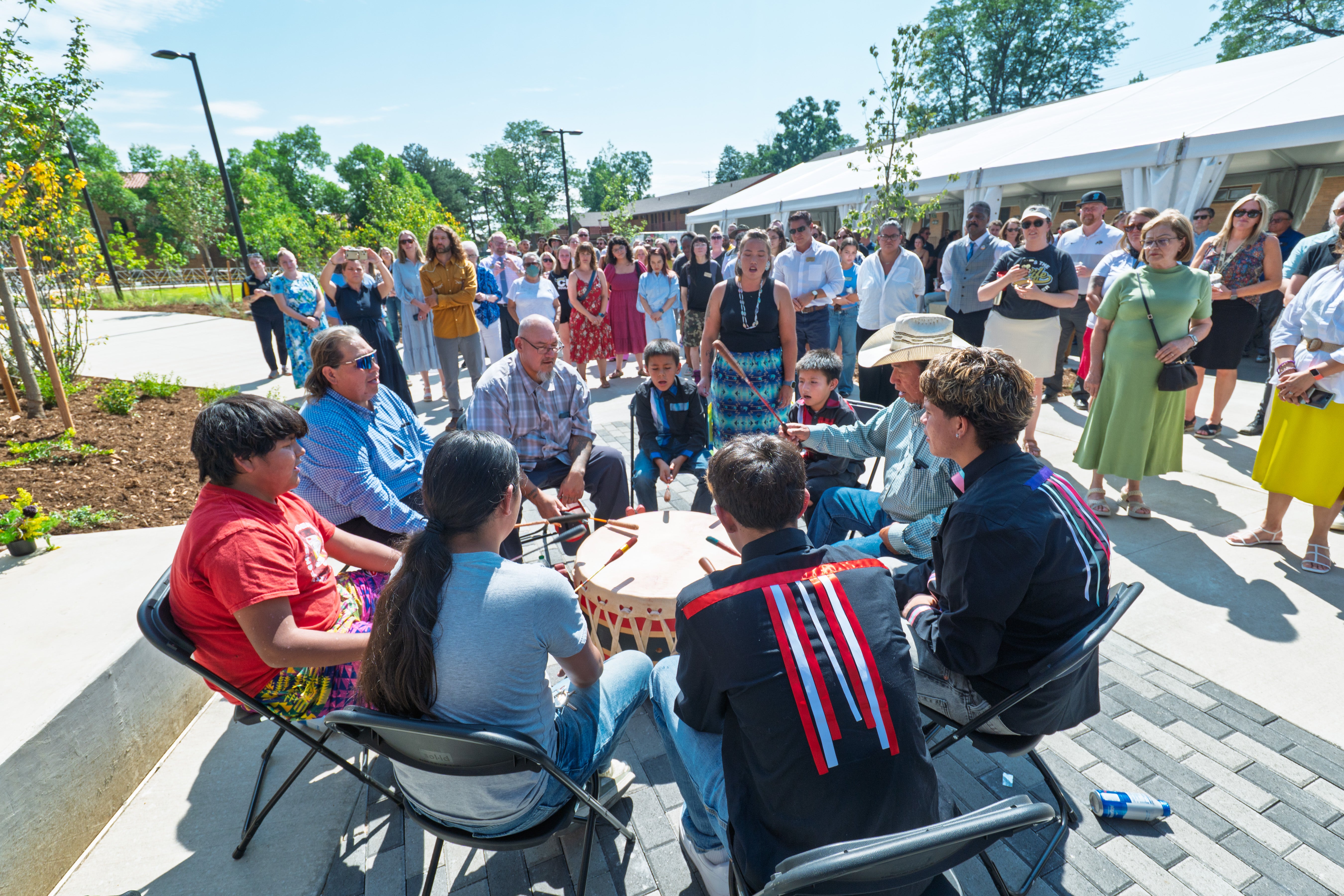 Tribal drummers perform before the ribbon-cutting for the Code Talker Hall dedication ceremony.