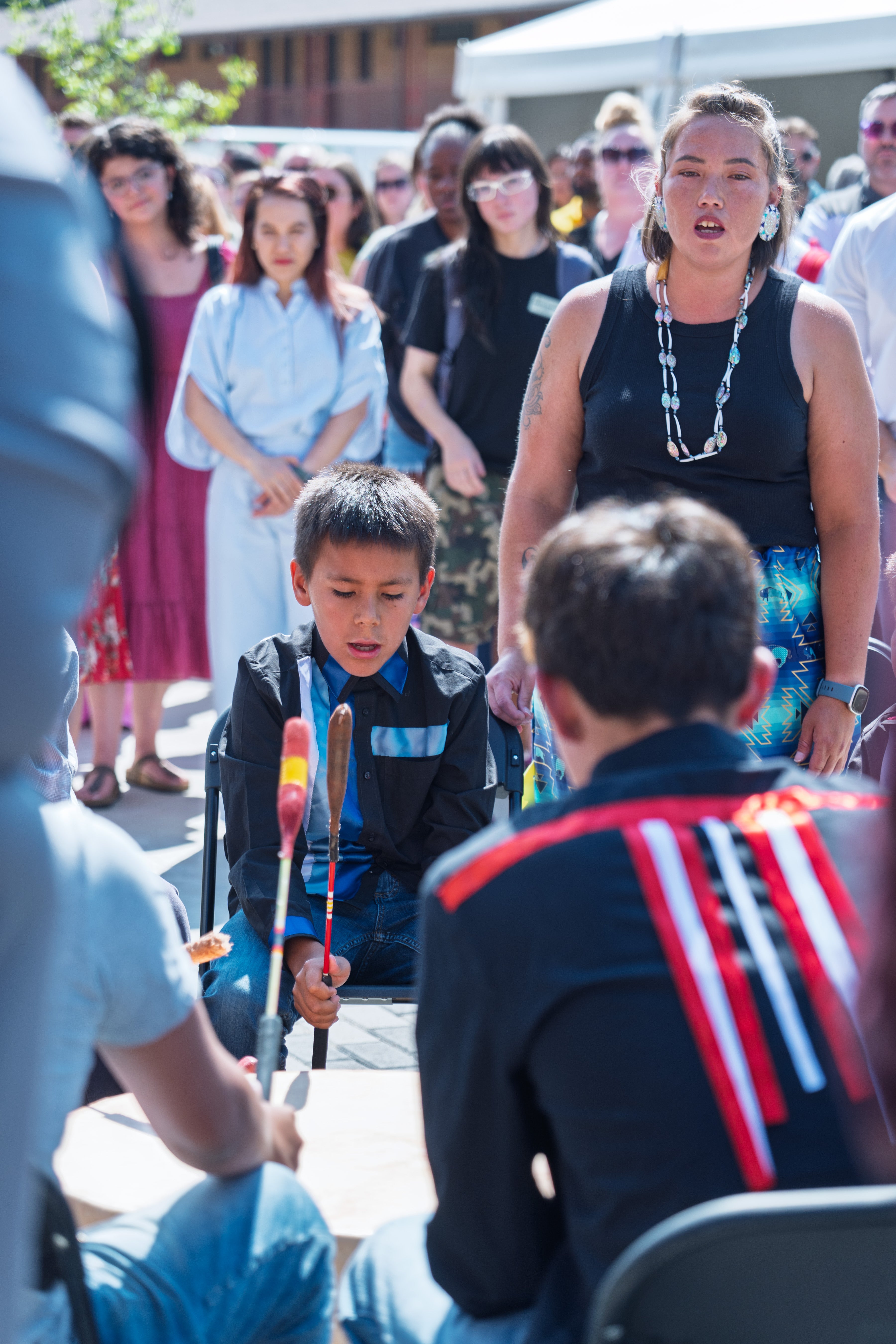 Tribal drummers perform before the ribbon-cutting for the Code Talker Hall dedication ceremony.