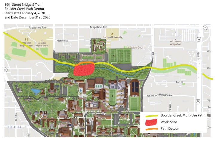 A map showing a planned detour for work to build the 19th Street pedestrian bridge