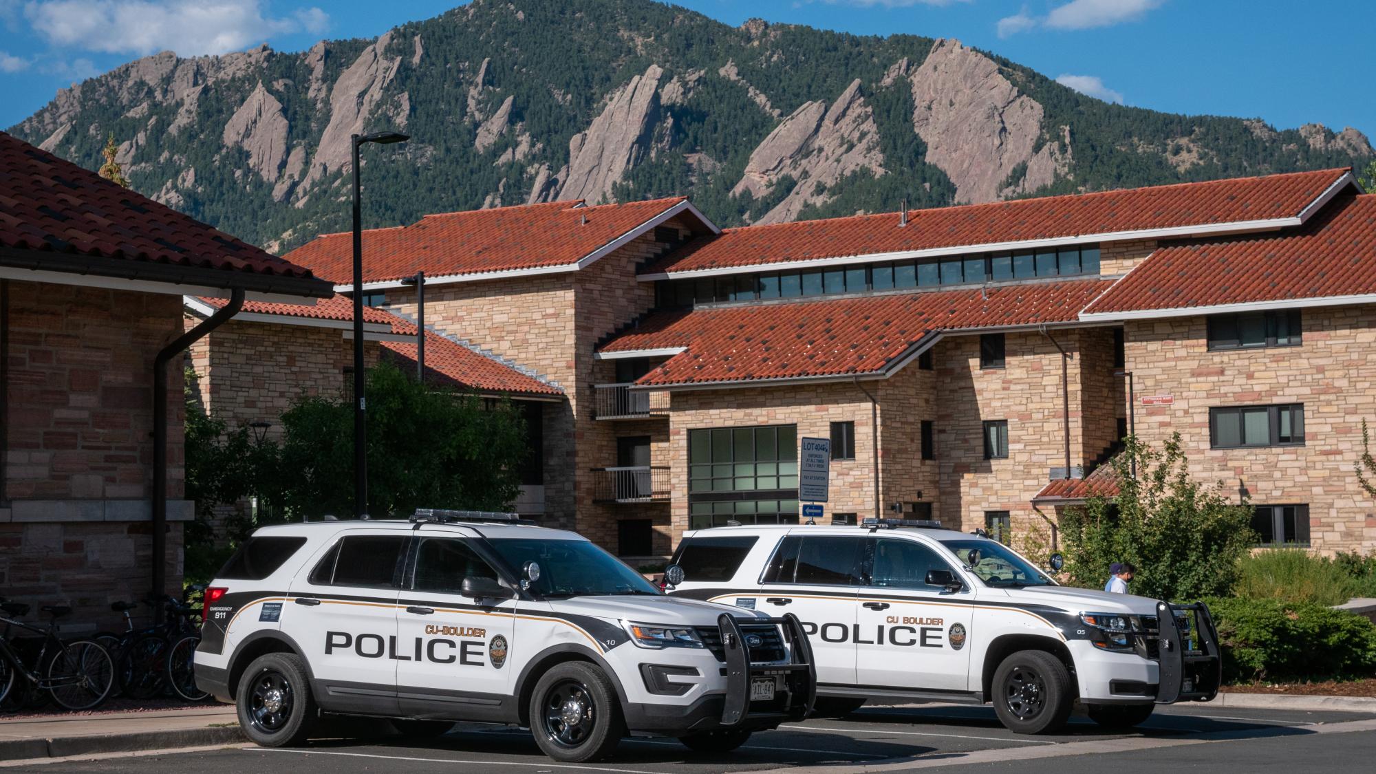 CU Boulder police cars on campus (Photo by Patrick Campbell/University of Colorado)