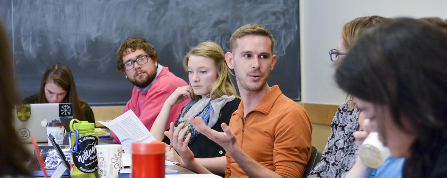 Students discuss religion in Holly Gayley's First-Year Seminar Religious Studies course