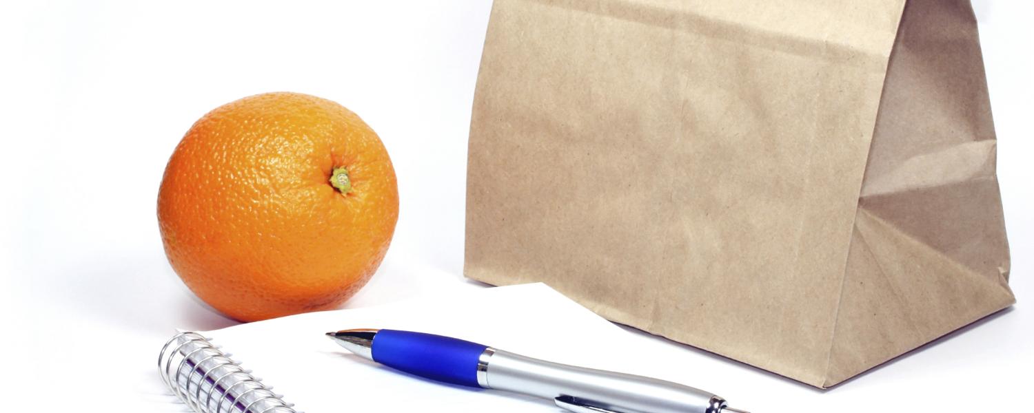 Brown paper bag with notebook, pen and orange