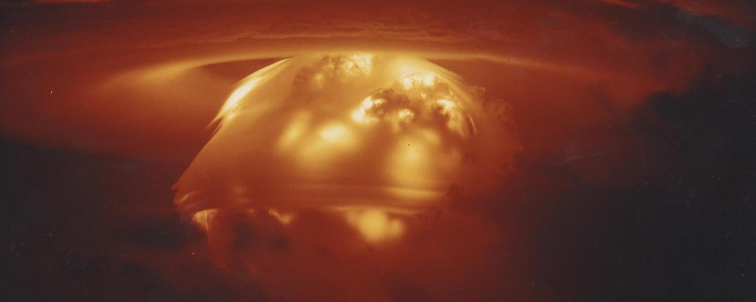 A mushroom cloud erupts during the Castle Bravo nuclear weapon test at Bikini Atoll in 1954.