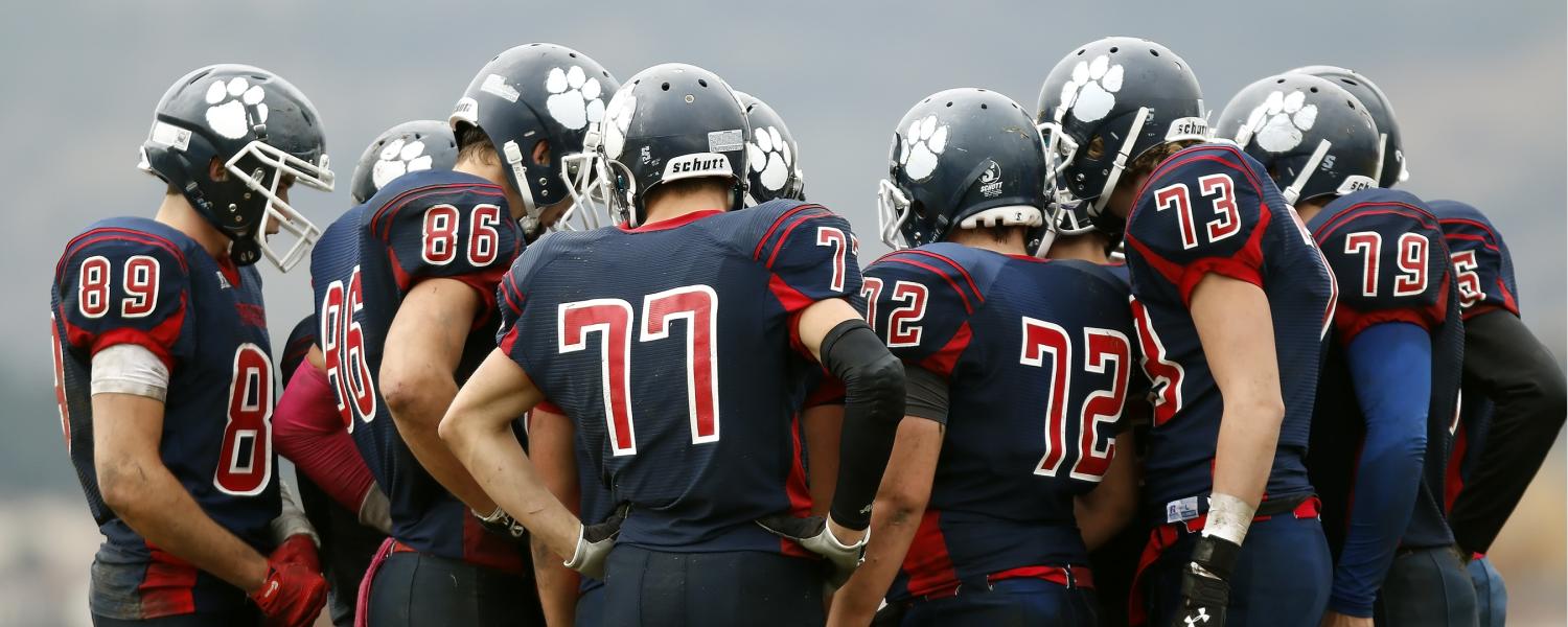 High school boys huddle during football game