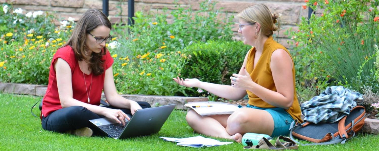 Two women sitting on lawn and working on laptop