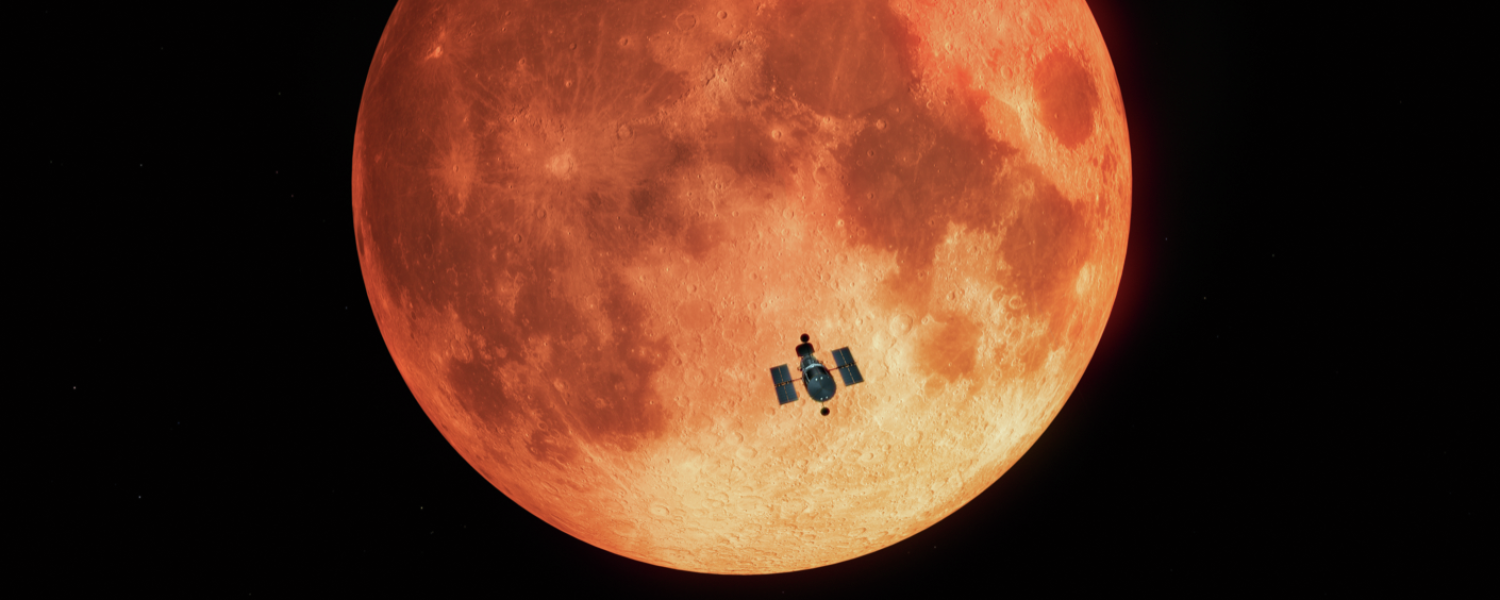 Artist's depiction of the Hubble Space Telescope passing in front of the moon during a total lunar eclipse.