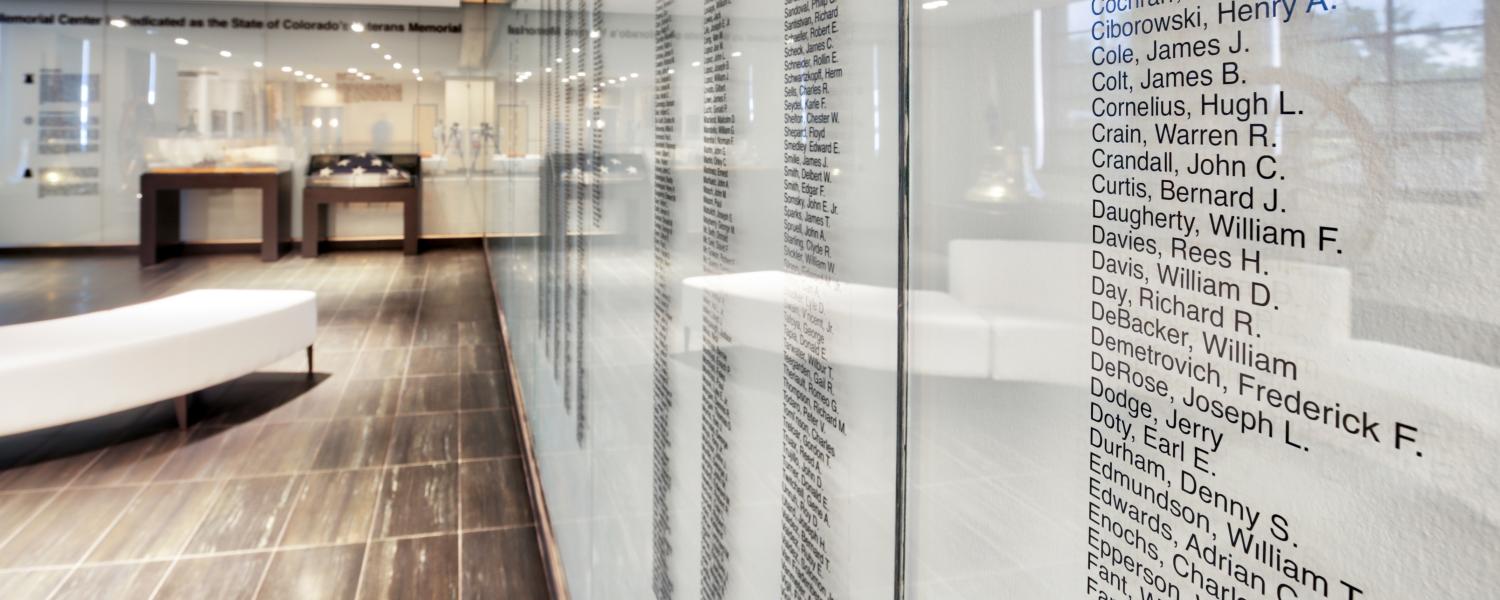 Veterans names fill the walls of the Veterans Memorial Lounge on campus