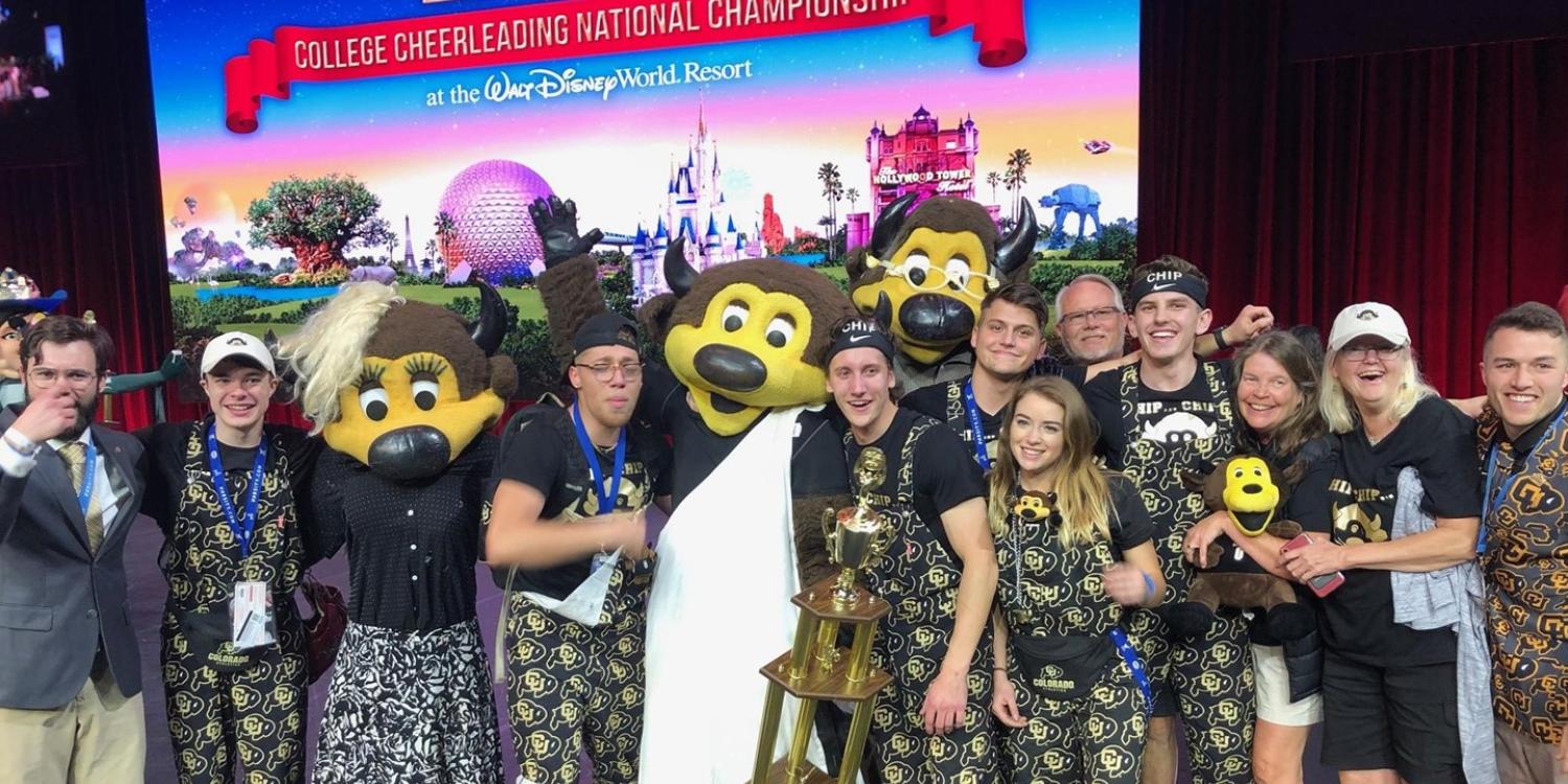 Chip and the Colorado cheerleading team after winning the 2020 Mascot National Championship