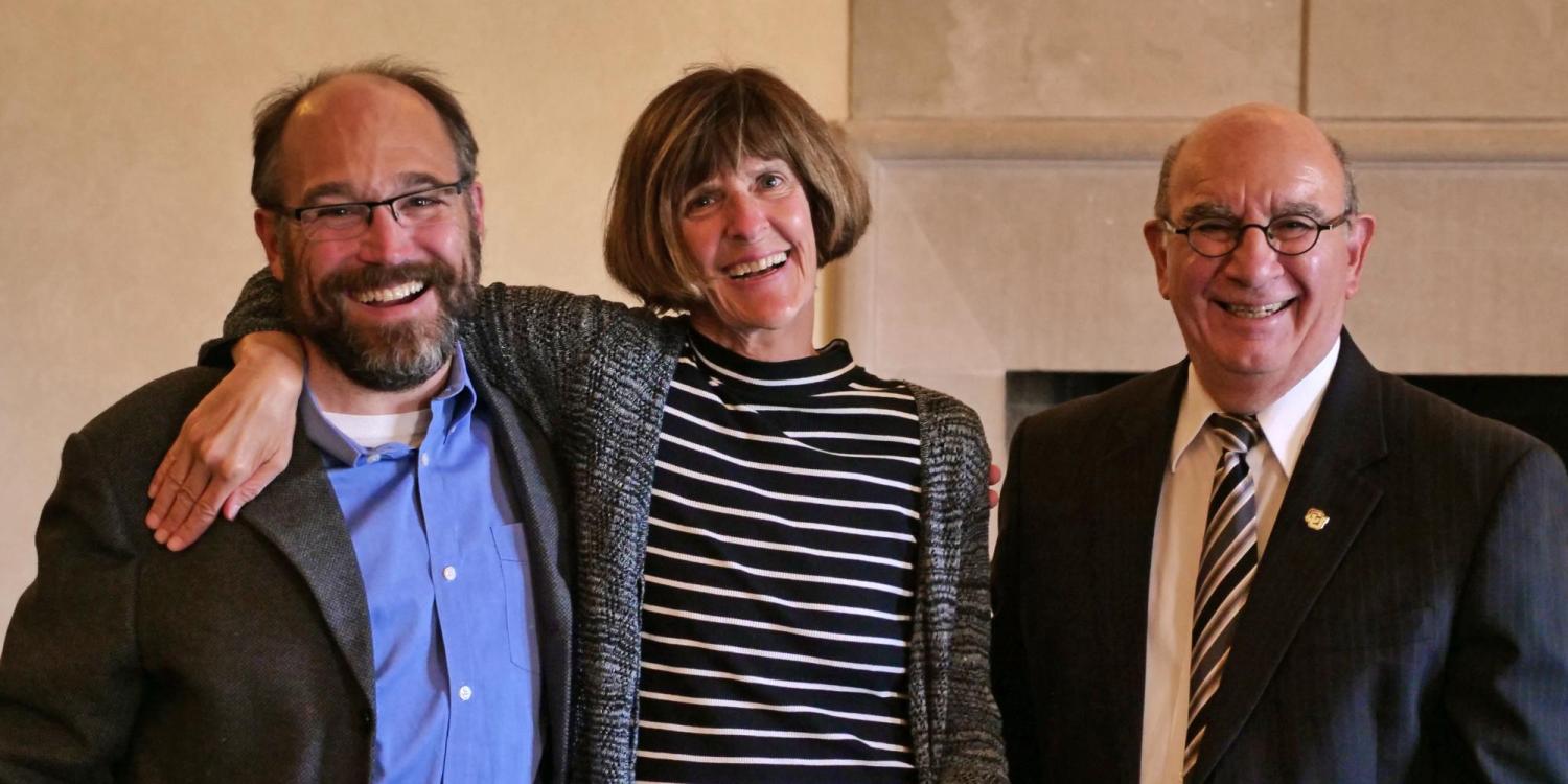 Professor Janet DeGrazia, center, is flanked by Chancellor Philip DiStefano and Associate Dean of Engineering Ken Anderson.