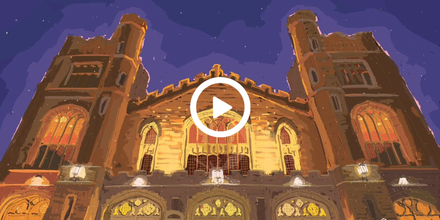 illustration of Macky Auditorium on a starry night with a video play button overlay