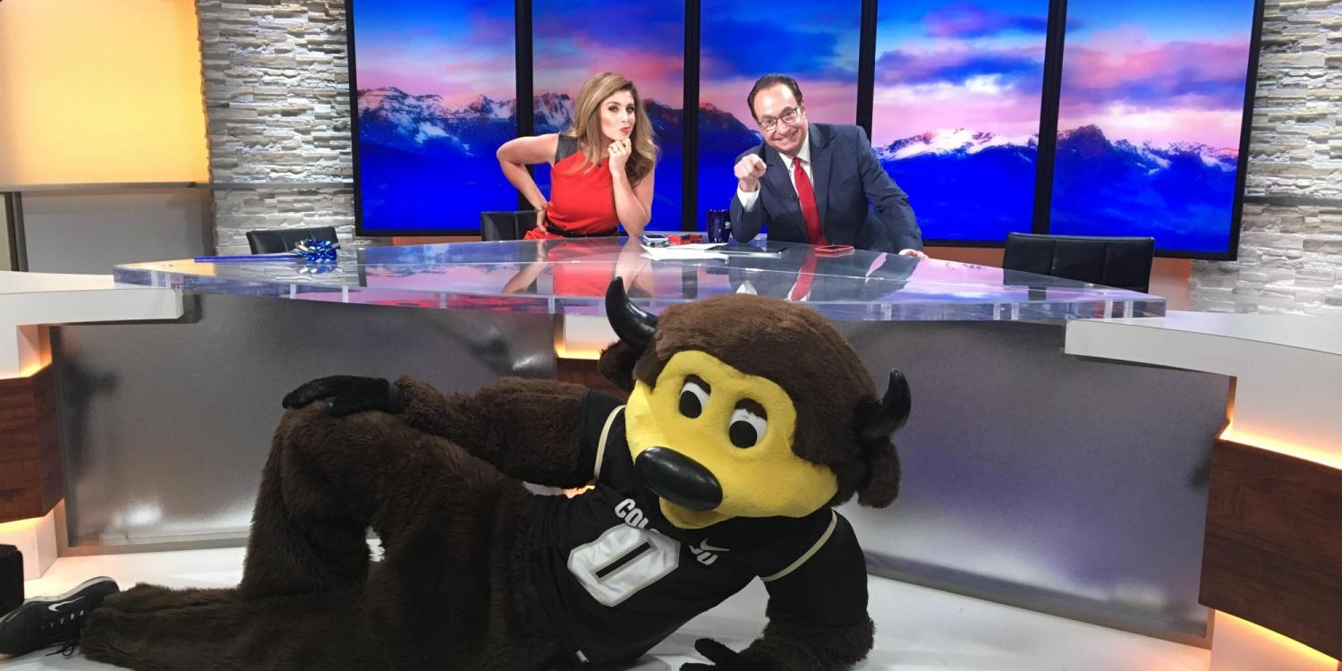 Chip helps promote College Friday on the set of 9News, a day supporting higher education in Colorado. Photo from the Colorado Department of Higher Education.