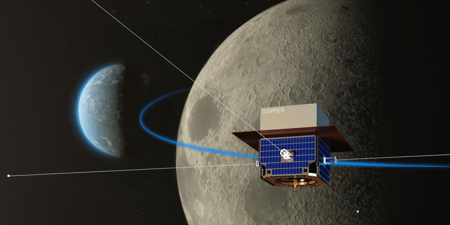 Artist's depiction of the DAPPER satellite in orbit around the moon.