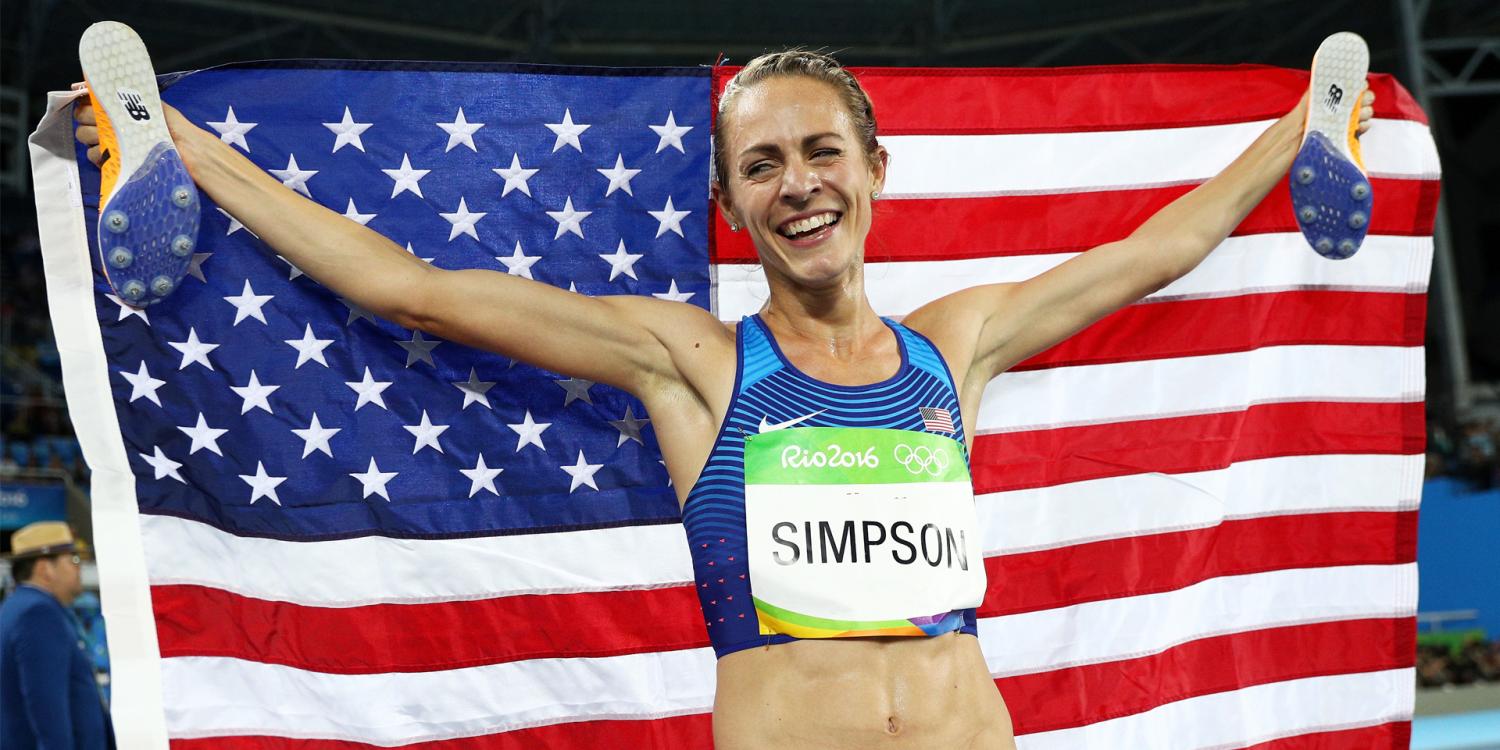 Jenny Simpson holds up American flag after winning bronze medal in Rio Olympics