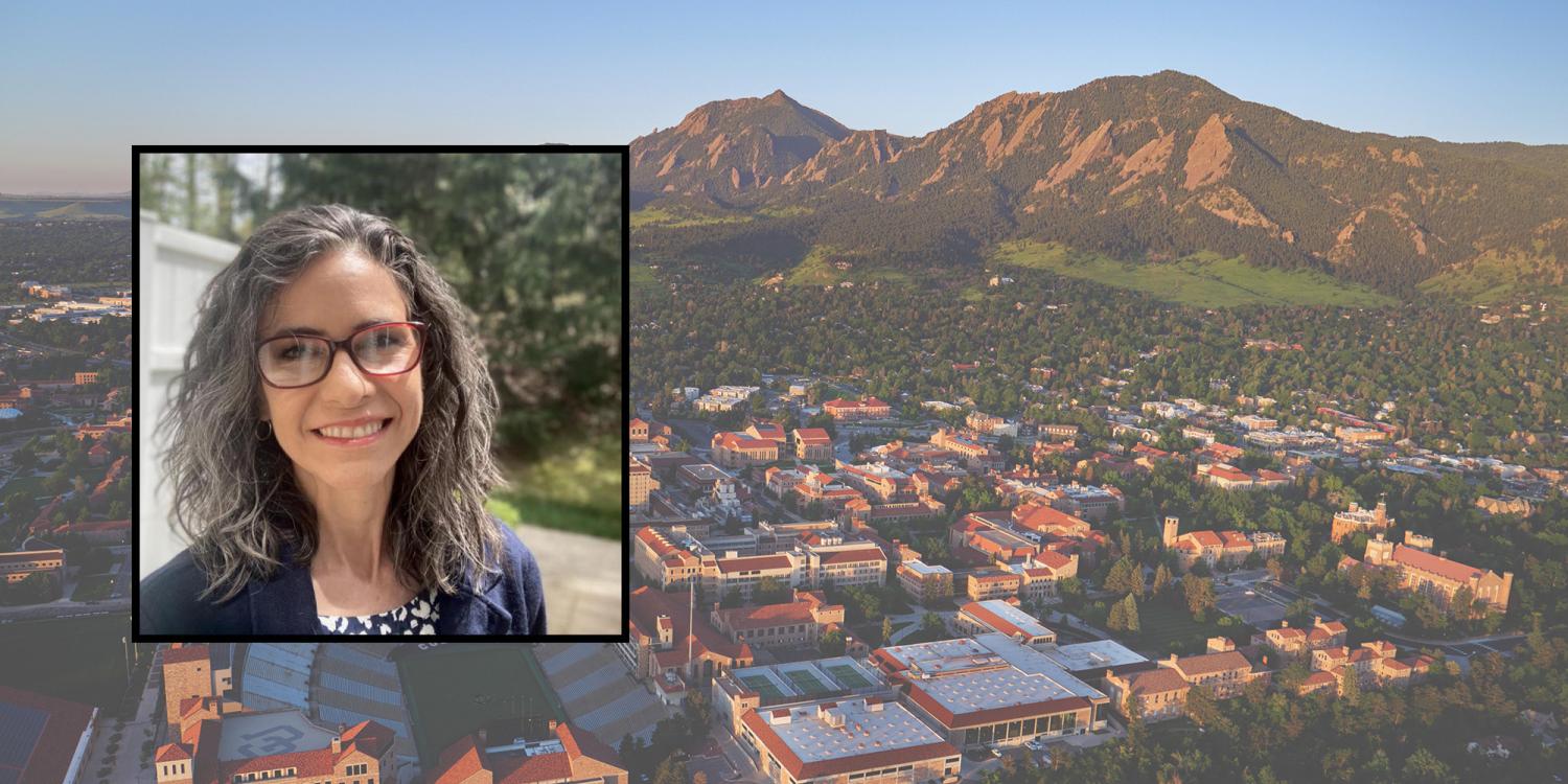 Sonia DeLuca Fernández's photo in front of an aerial photo of CU Boulder Campus