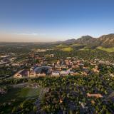 aerial view of CU Boulder and the Flatirons