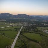 Aerial view of city of Boulder and CU campus